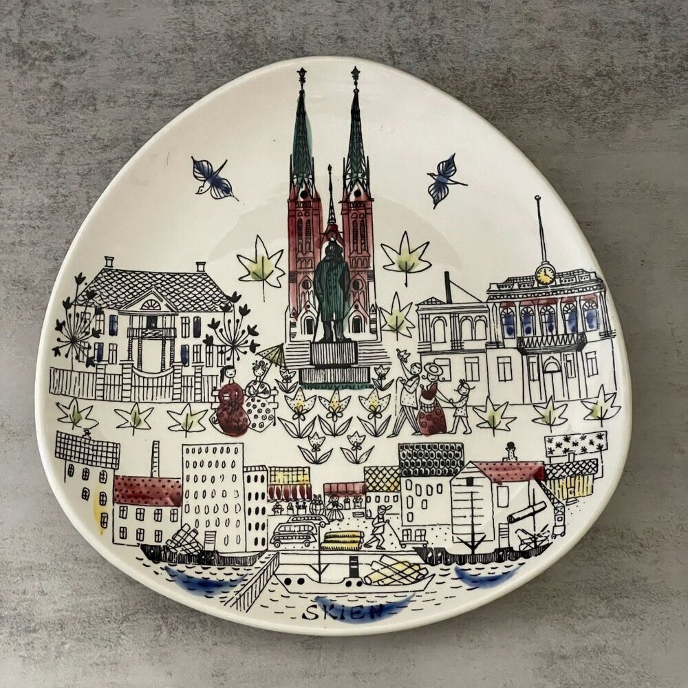Vintage Stavangerflint Norway Hand Painted Skien Landmarks Ovoid Ceramic Plate